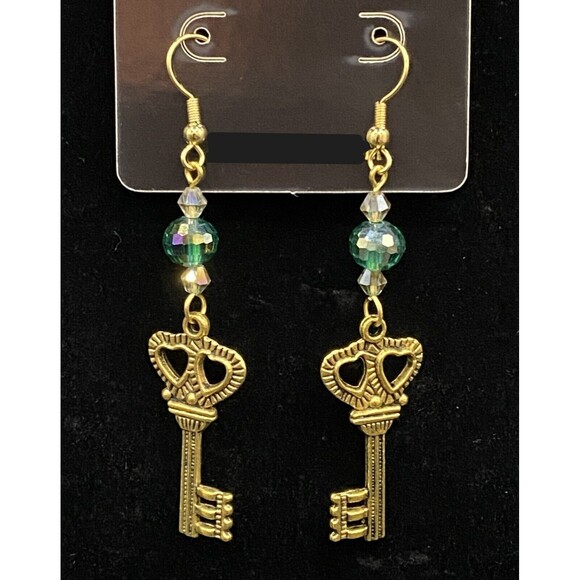 Steampunk Key with Aqua Green Crystal Earrings by Neanie-Bot - Picture 1 of 3